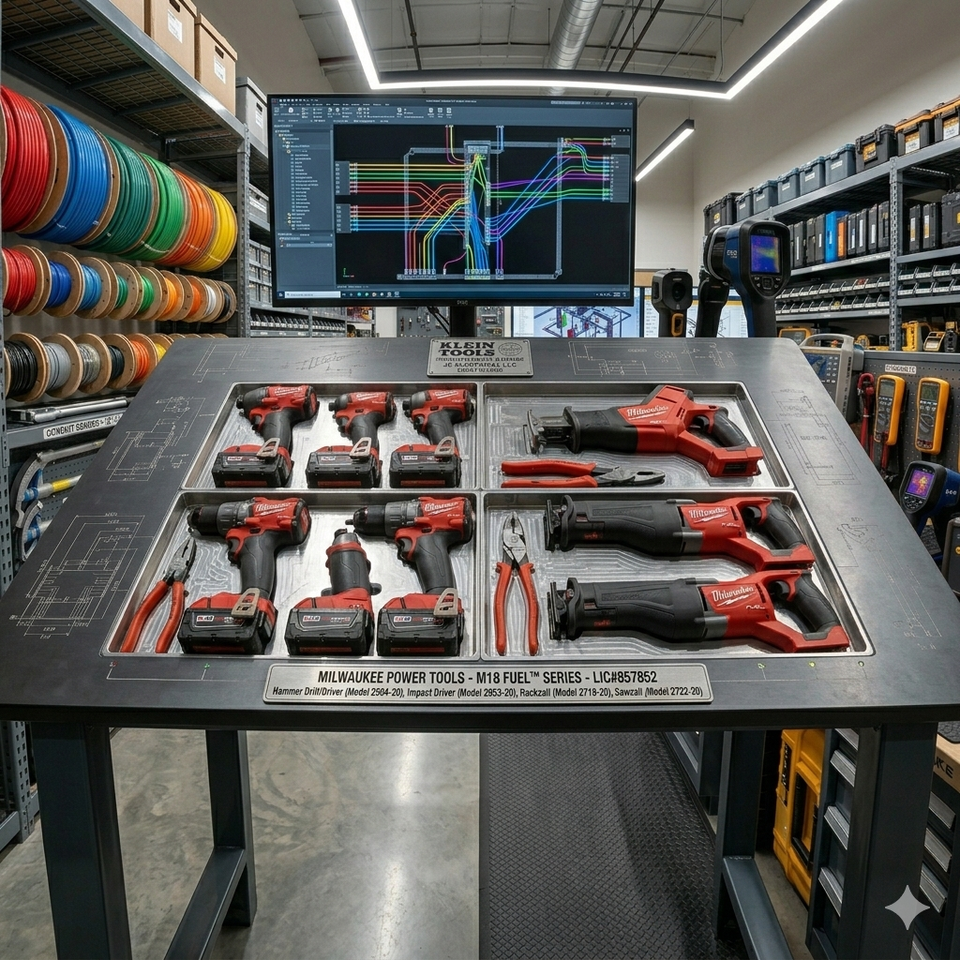 A square shot of a professional tool shadow board featuring Milwaukee M18 FUEL hammer drills and Hackzall reciprocating saws with a CAD electrical design on a monitor in the background.