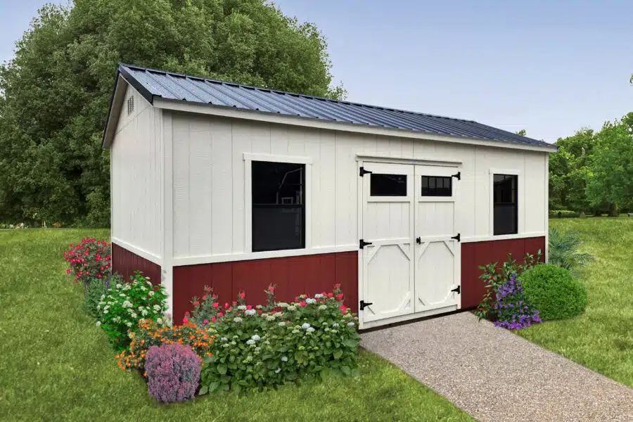 White and red mini barn shed with double doors and black metal roof in Elizabethton TN