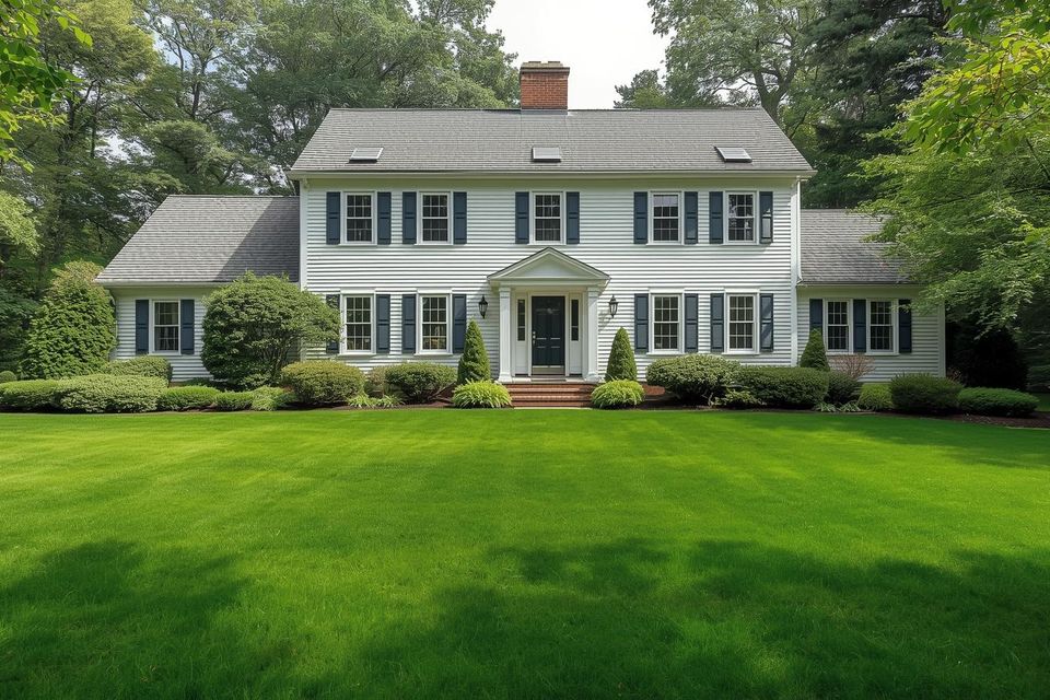 Beautiful front yard lawn with new england style cape cod home.