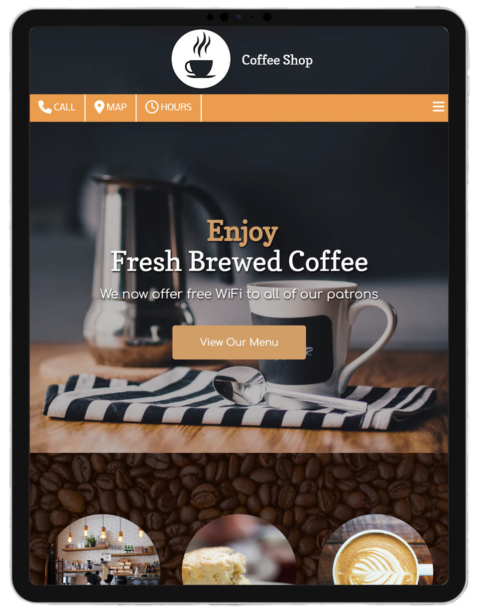 ipad tablet preview of the mobile website for a Coffee Shop
