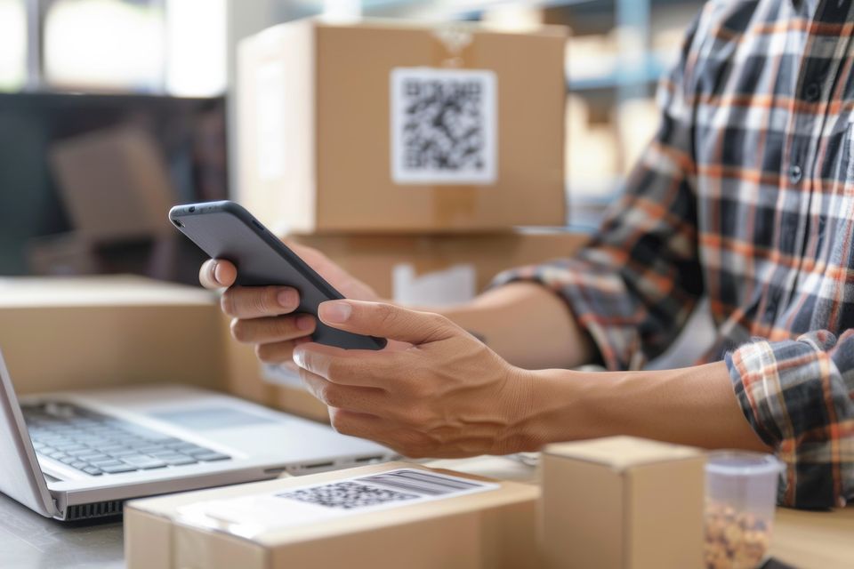 man with phone near laptop and boxes