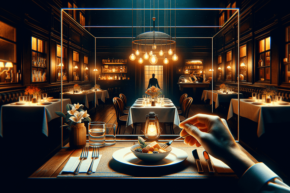 From the perspective of a single diner, enjoying an amuse bouche in a beautiful empty restaurant 