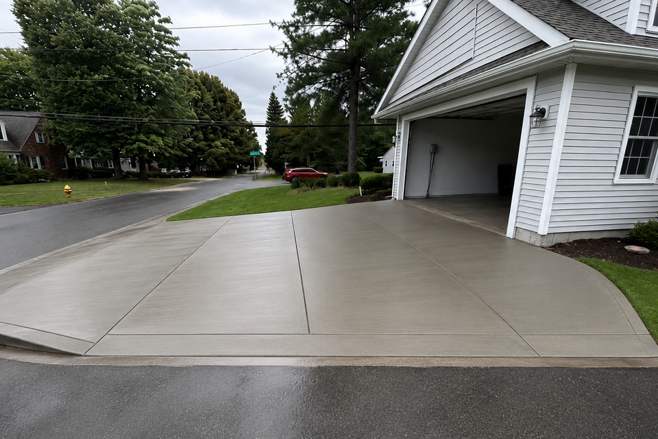 Newly finished concrete driveway connected to residential street with clean edges and control joints