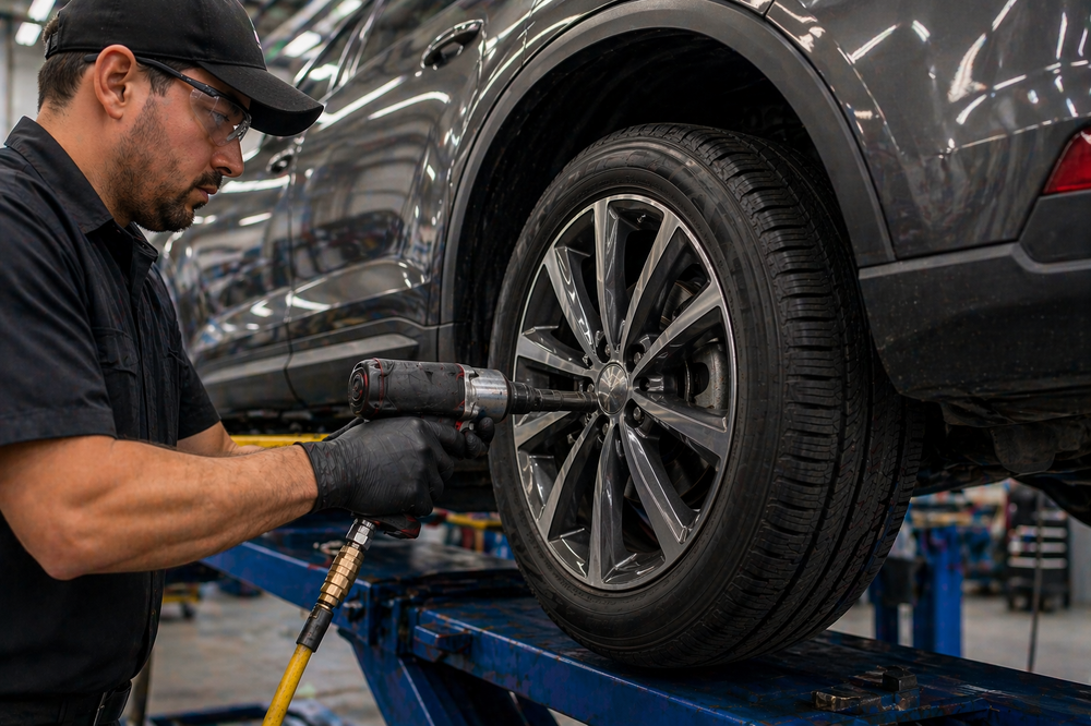 Three-step tire replacement process showing technician gathering tire size information, helping customer select new tires at front desk, and installing tire on SUV using impact wrench in auto repair shop