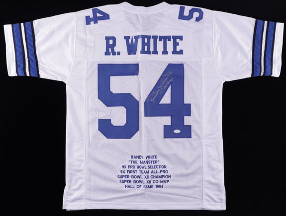 Main 1626447382 randy white signed career highlight stat jersey inscribed hof 94 jsa coa pristineauction.com