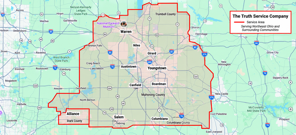 Service area map for The Truth Service Company serving Youngstown, Warren, Alliance, Salem, Columbiana and surrounding Northeast Ohio communities.