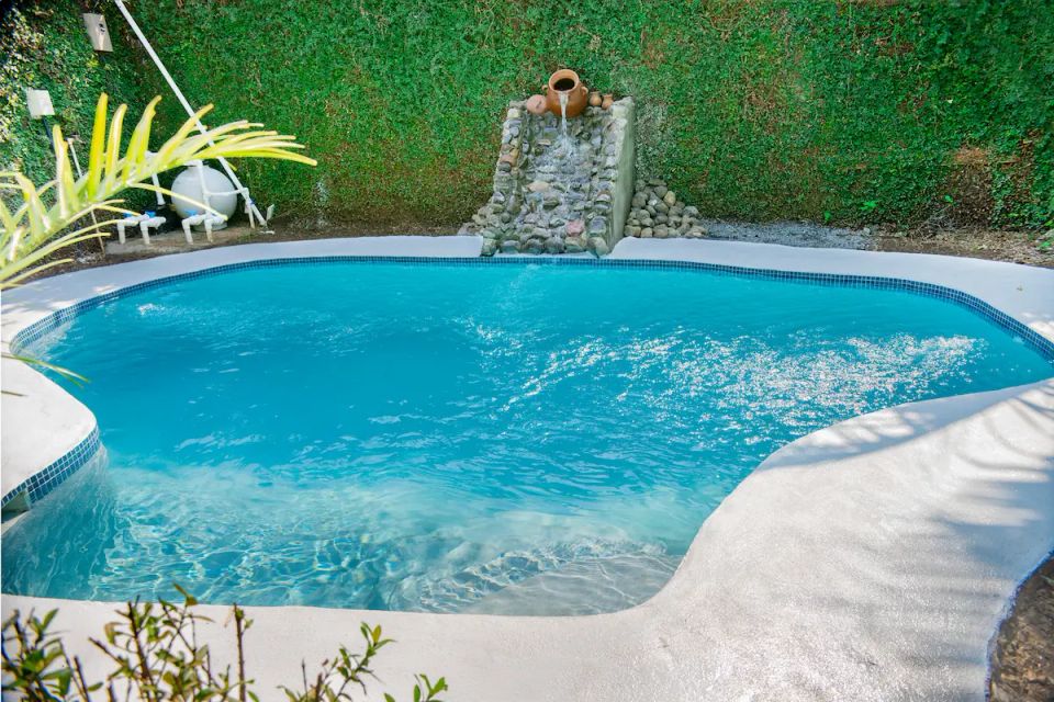 Swimming pool designs for the home. Crystal water home pool surrounded by a garden