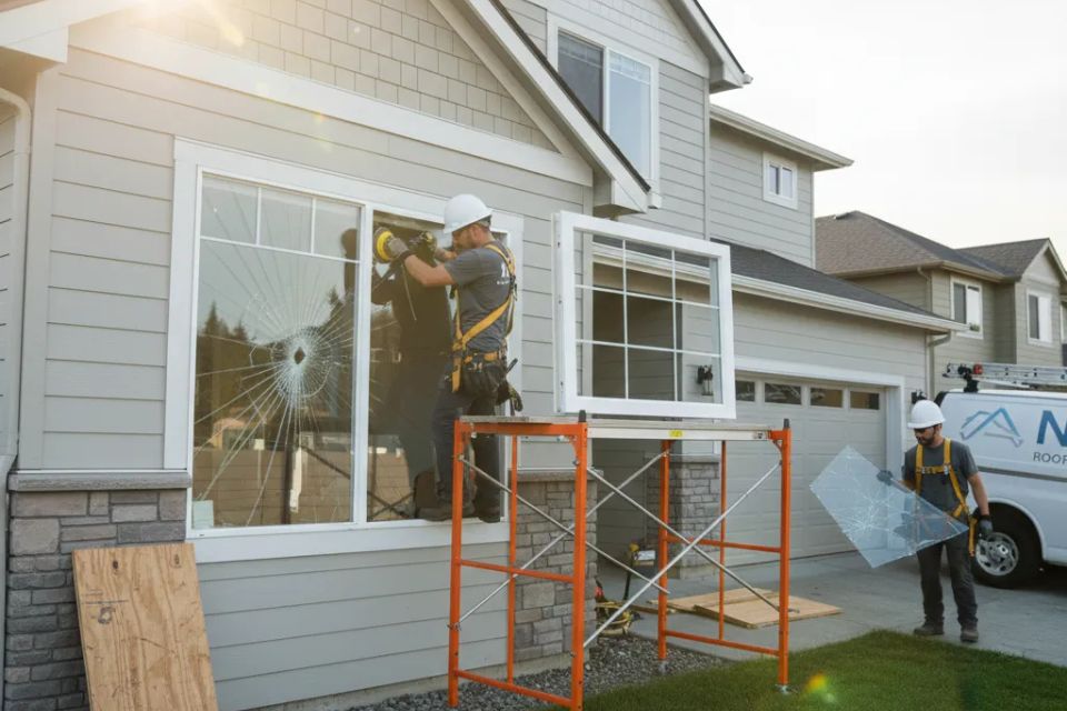 a Roofing + Construction LLC specialist installing a new white-framed double-pane window to improve home insulation and exterior aesthetics.