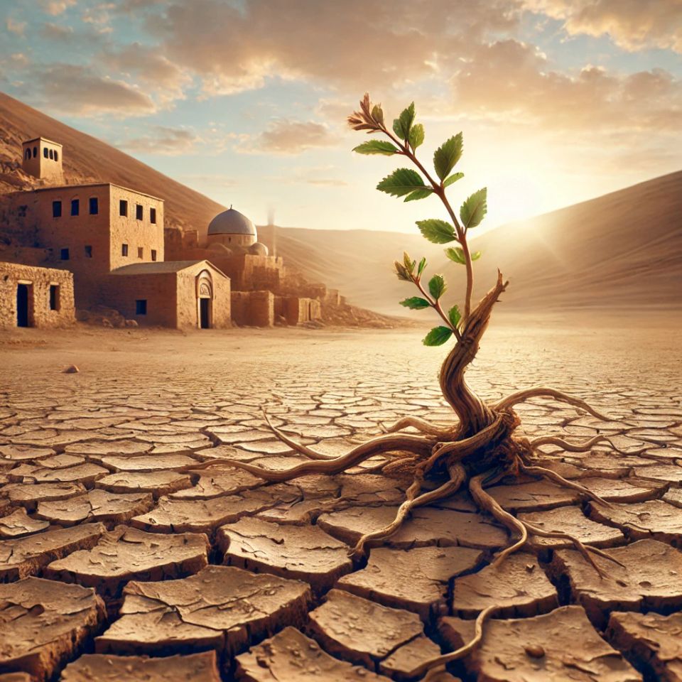Dall·e 2025 01 04 20.01.10 a symbolic representation of isaiah 11 1 and matthew 2 23 featuring a branch growing from dry cracked ground in a barren desert setting. in the back