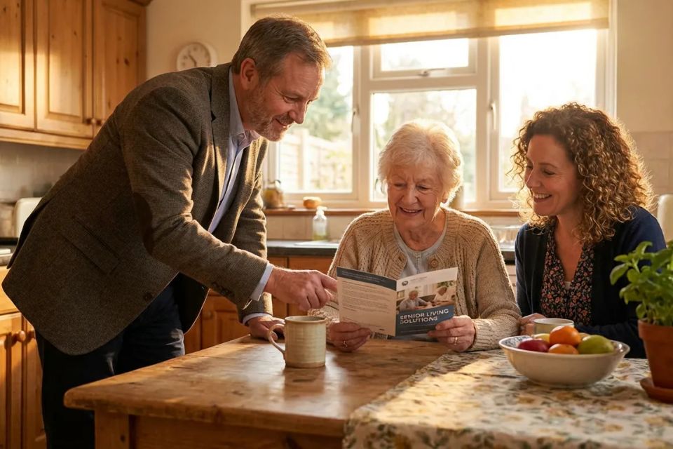 Senior care consultant reviewing a brochure with an elderly woman and her adult daughter at a sunny kitchen table.