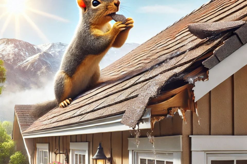 Dall·e 2024 11 04 20.14.42   a realistic image of a suburban california home with visible roof damage caused by a squirrel. the squirrel is pulling up shingles and gnawing on the 