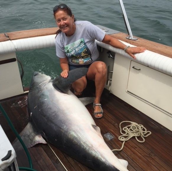 Woman kneeling next to shark on boat