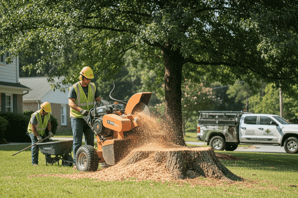 Crew removing a stump by grinding it down.