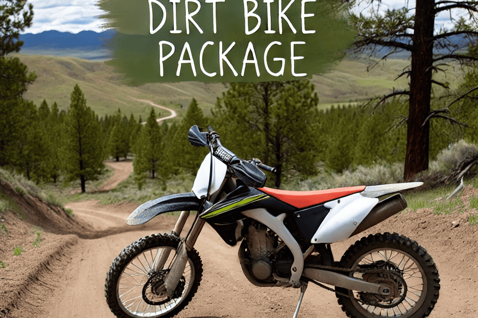 Dall·e 2024 09 15 06.33.48   a dirt bike on a dirt trail in a rugged outdoor setting with trees and hills  labeled dirt bike package