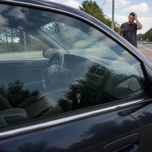 Locked car with keys visible inside
