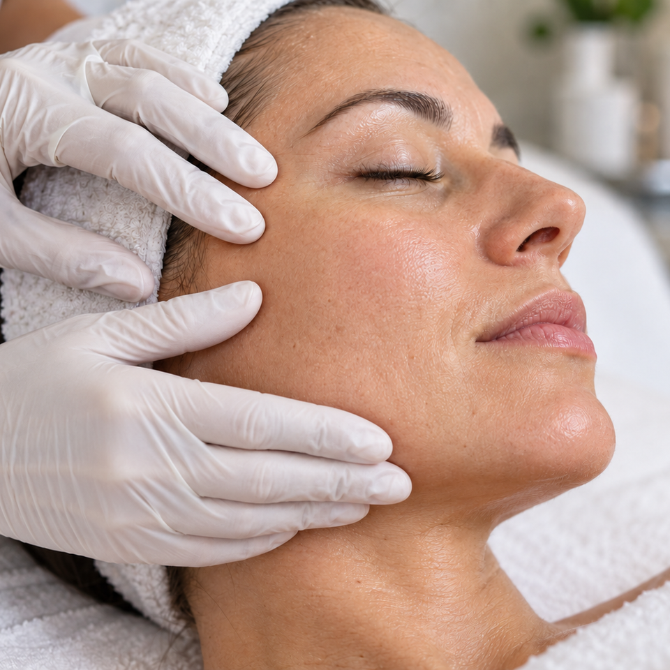 Esthetician gently supporting a client’s cheek during facial skincare at veritas skin wellness in folsom, ca.