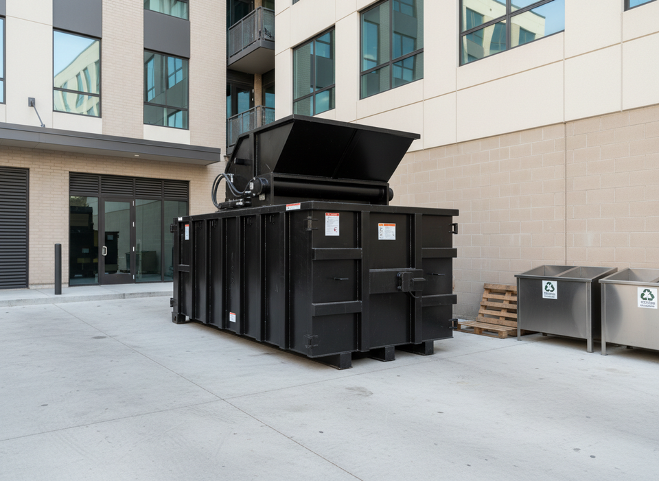 Black commercial trash compactor for waste services in St. Croix
