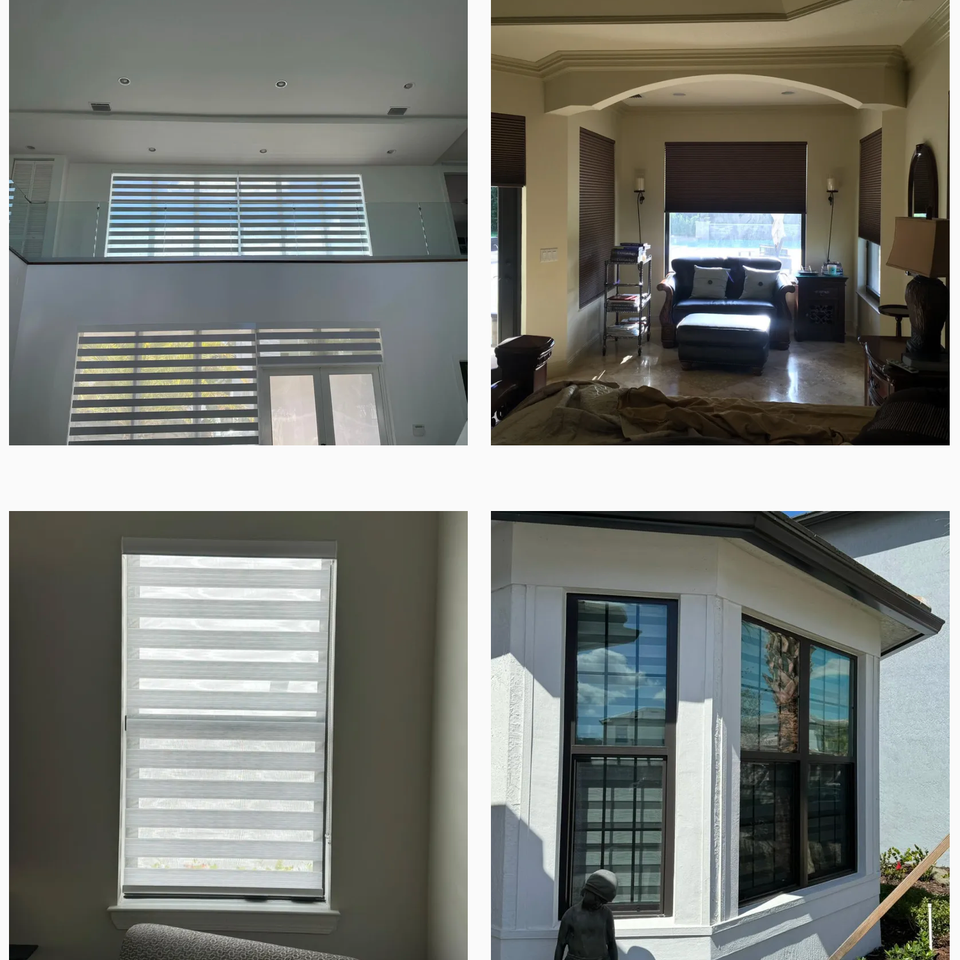 Modern window treatments including zebra shades in a high-ceiling space, blackout shades in a bedroom, and exterior view of custom shutters