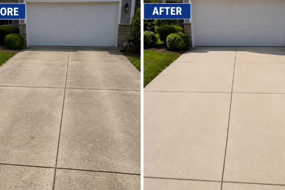 Before and after photos of a driveway after pressure washing.