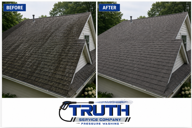 Before and after view of a shingled roof with a noticeable difference after cleaning.