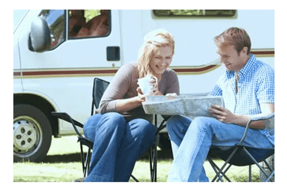 Couple sitting outside by rv