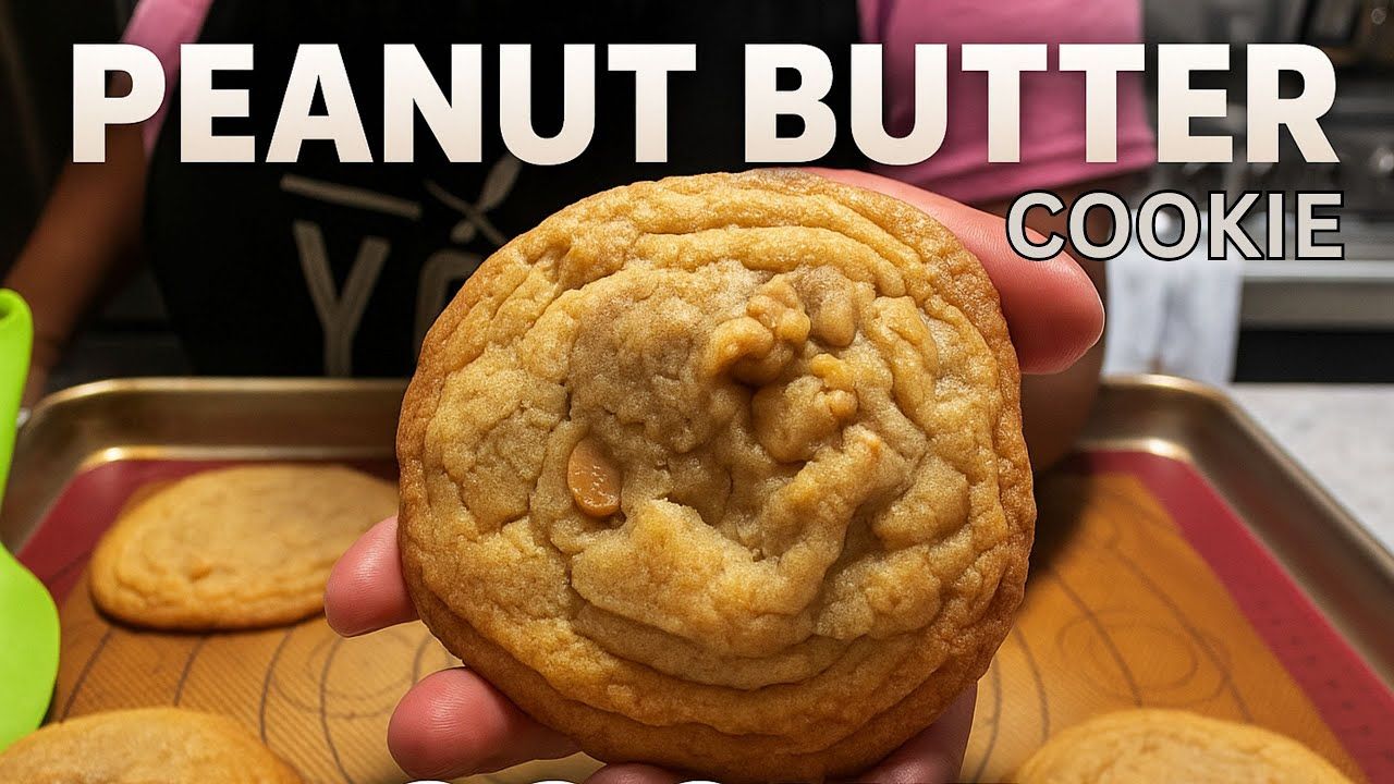 Close-up of a soft and chewy peanut butter cookie from BeSureToCook on a baking tray