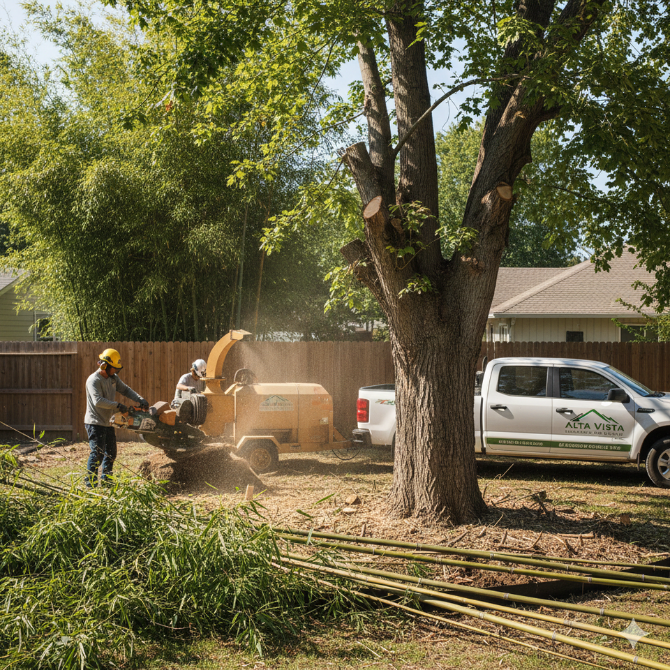 Professional invasive species removal team extracting bamboo and clearing a large Tree-of-Heaven from a residential backyard in Folsom using a wood chipper and Alta Vista Landscaping service truck