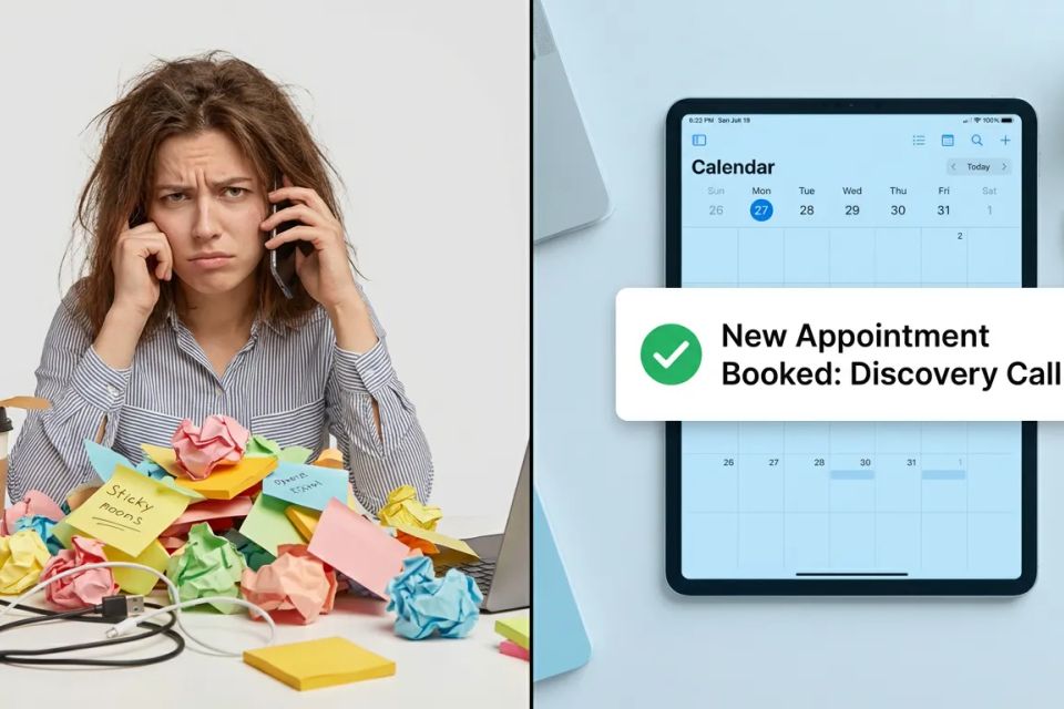 Split image illustrating the transition from overwhelmed burnout and stress to an organized schedule and peace of mind.