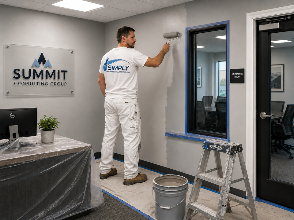 Virgil Palmer, owner of Simply Professional Painting, painting a commercial office interior wall in Parkesburg, PA.