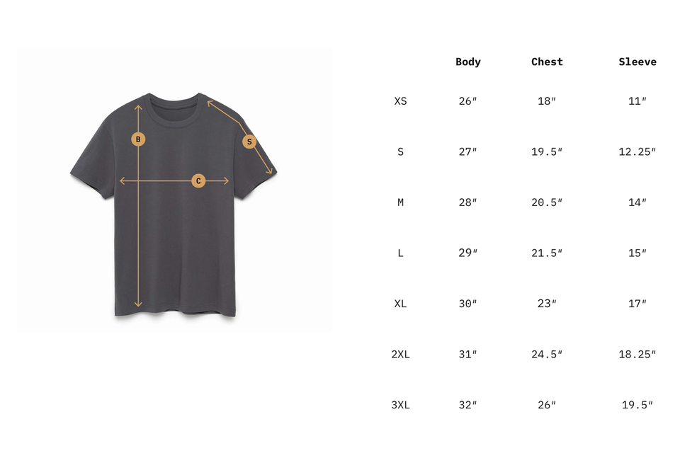 Supima tee size chart