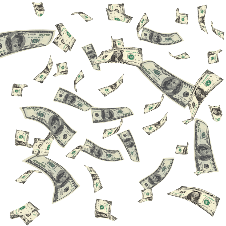 Floating dollar bills representing fast cash payments for eligible diabetic test strips and CGM sensors.