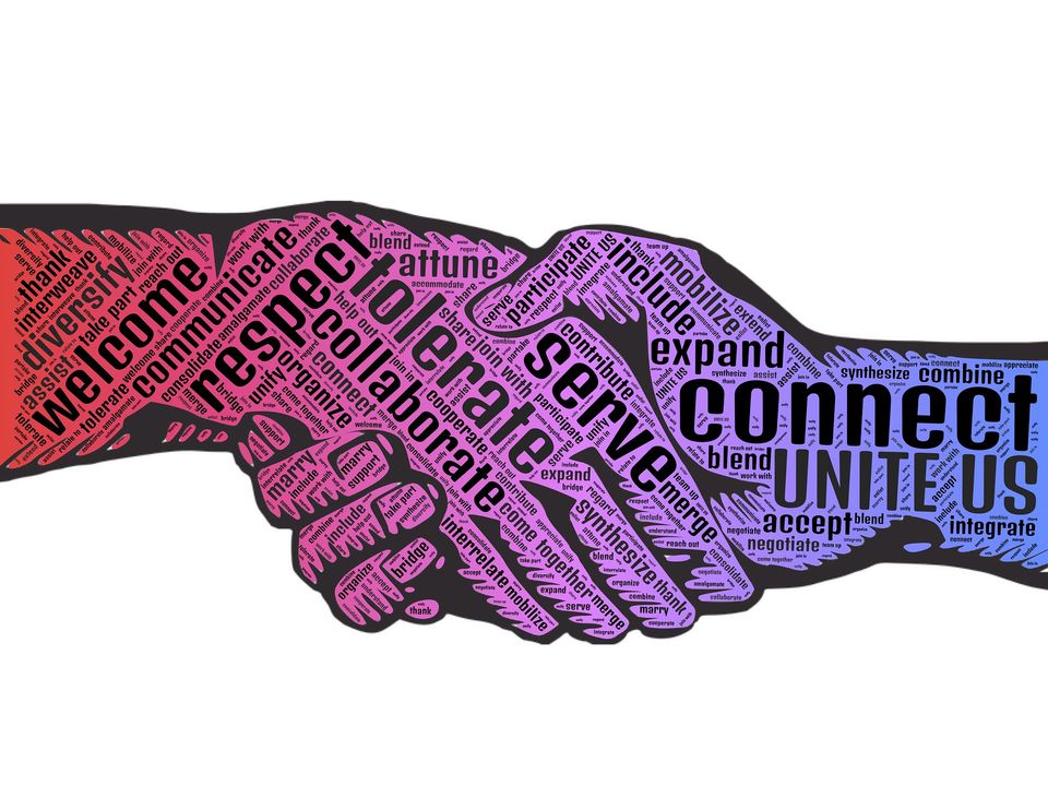 “Word art graphic of two hands shaking, featuring words such as connect, serve, welcome, and respect, symbolizing unity and community support.”