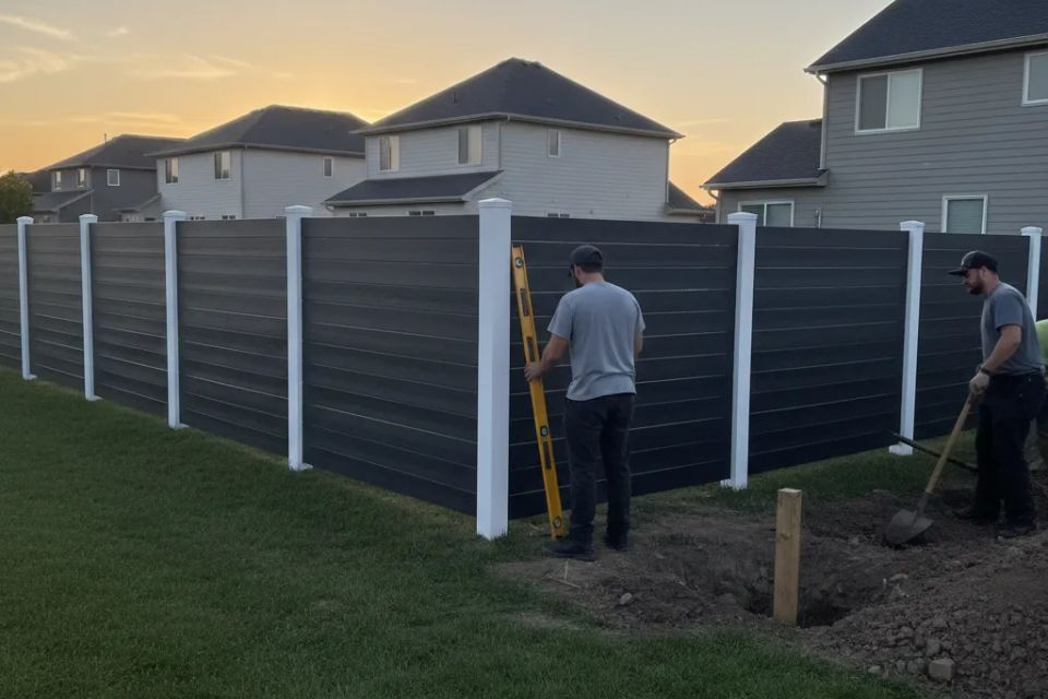 Nova Roofing + Construction LLC professional crew excavating post holes and installing a durable dark grey and white composite perimeter fence for a new home construction.