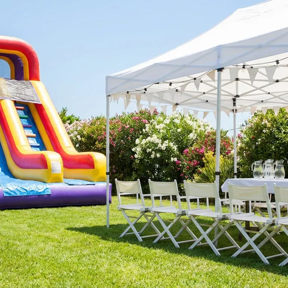 Large colorful inflatable slide and white event tent rental set up for a local outdoor backyard birthday party.