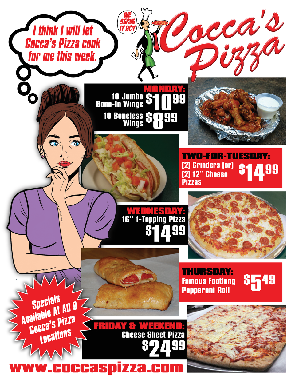 Final   coccas pizza lady thinking ad with specials