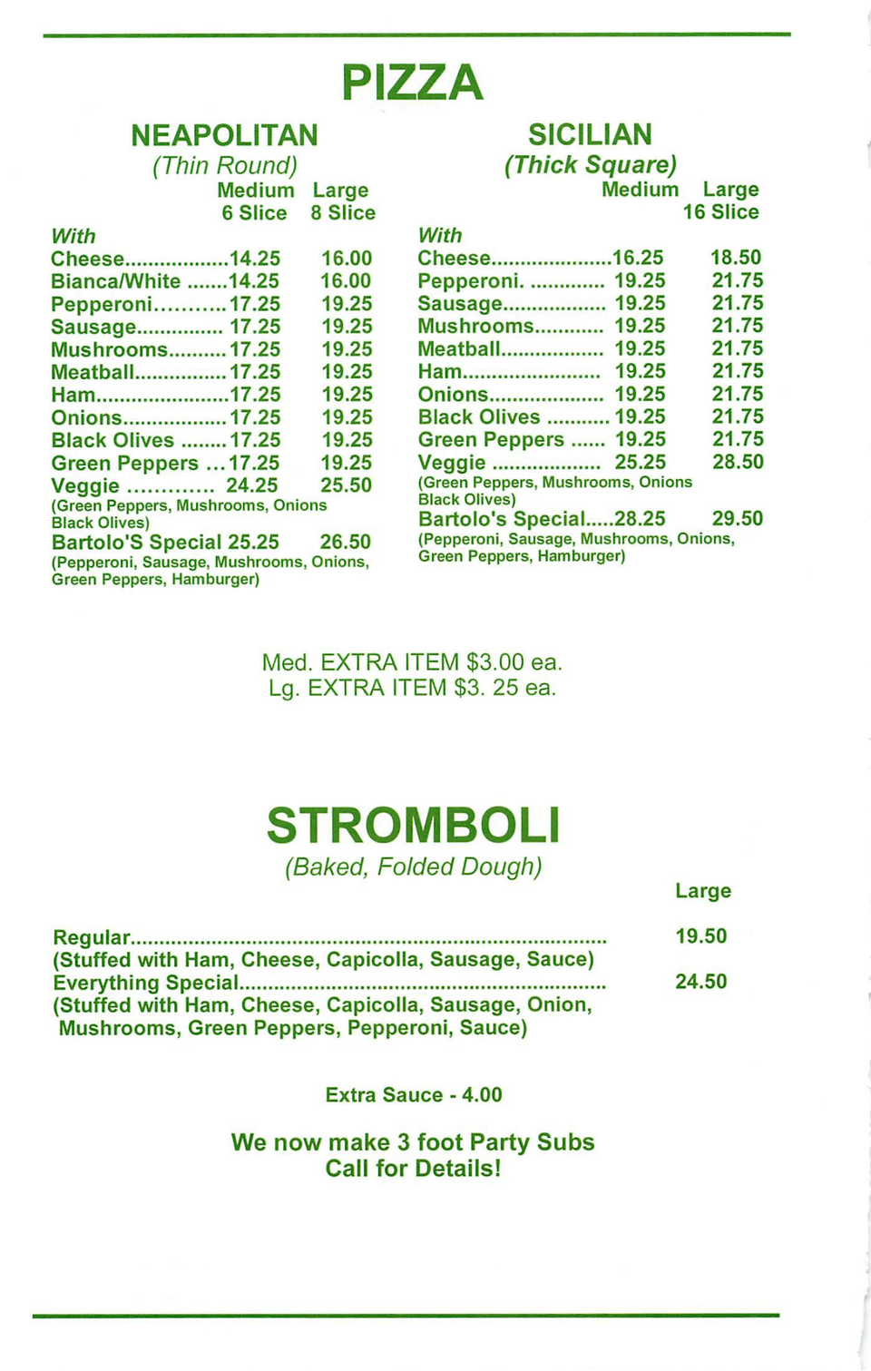 Bartolos Palmyra Pizza Menu