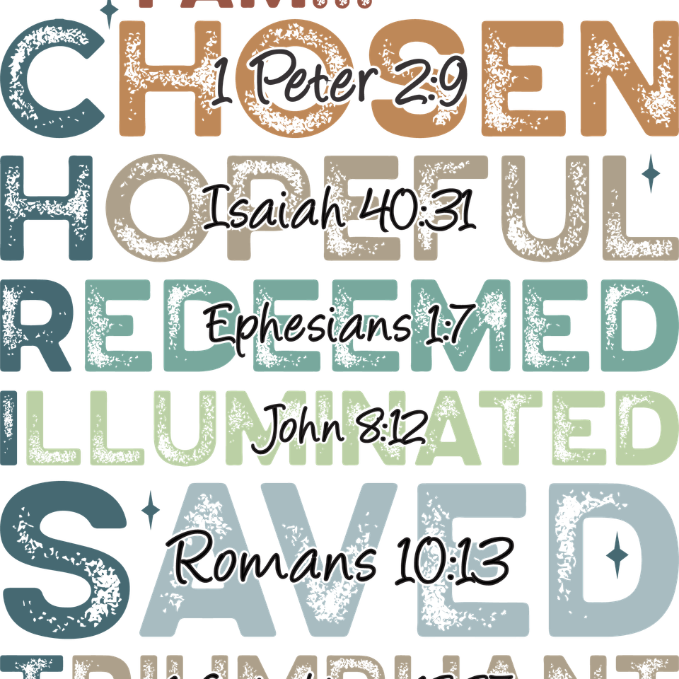 Faith   i am chosen  hopeful  redeemed  illuminated  saved  triumphant 