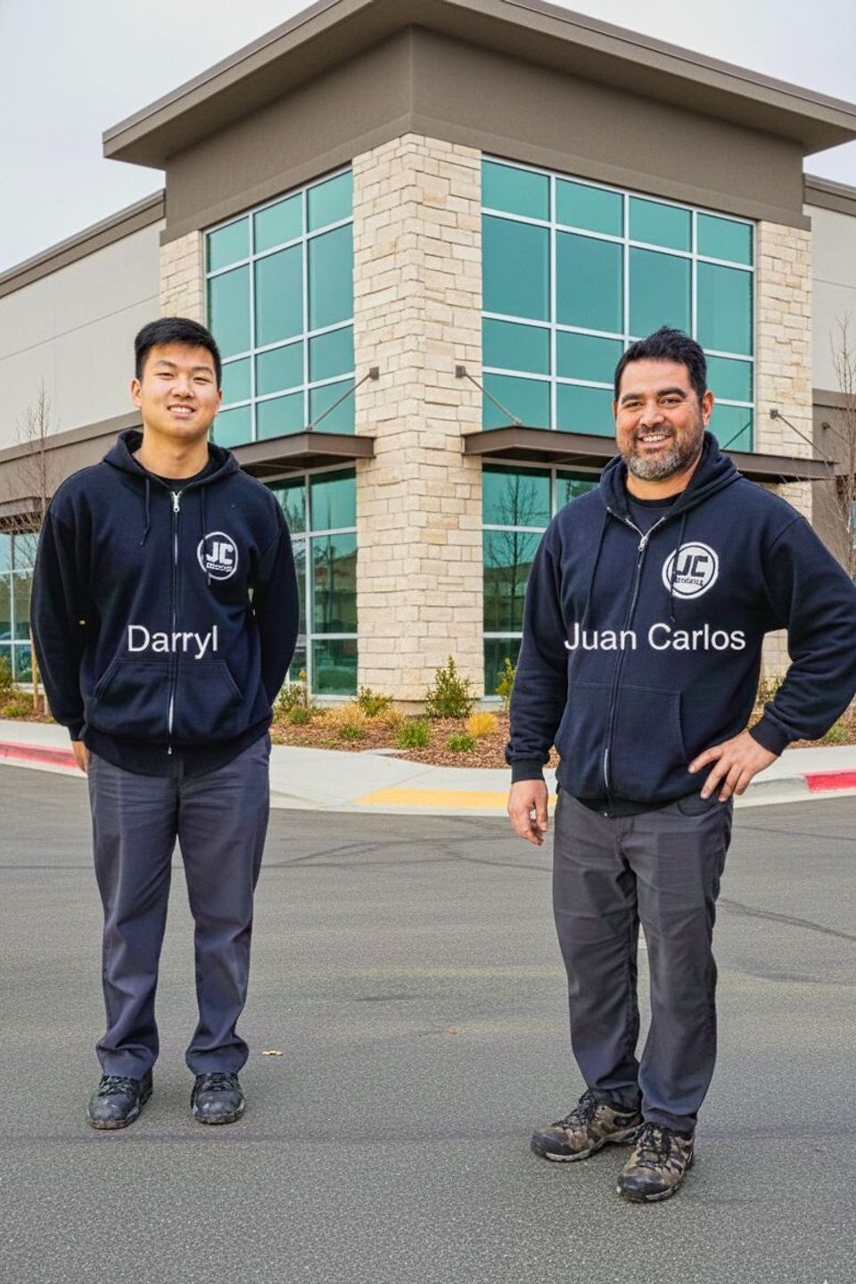 Professional photograph of the owners of JC Electrical LLC, Juan Carlos and Darryl, wearing branded hoodies, standing in front of a modern commercial office building.