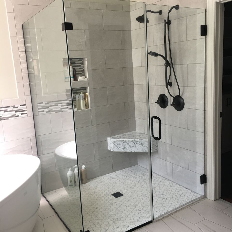 Frameless Shower door, new backsplash, bathroom renovation, glass angels inc raleigh nc