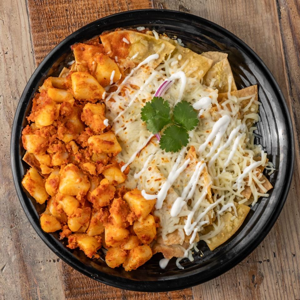 Chilaquiles with spiced potatoes