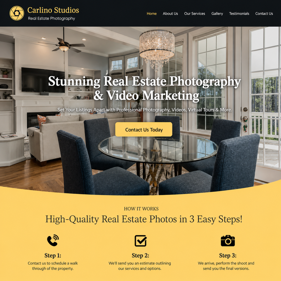 Carlino Studios' website featuring real estate photography services, a dining room image, and steps for obtaining high-quality property visuals, including contact and scheduling options.