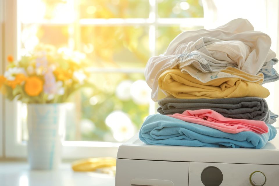 Dirty laundry piled up next to a washing machine