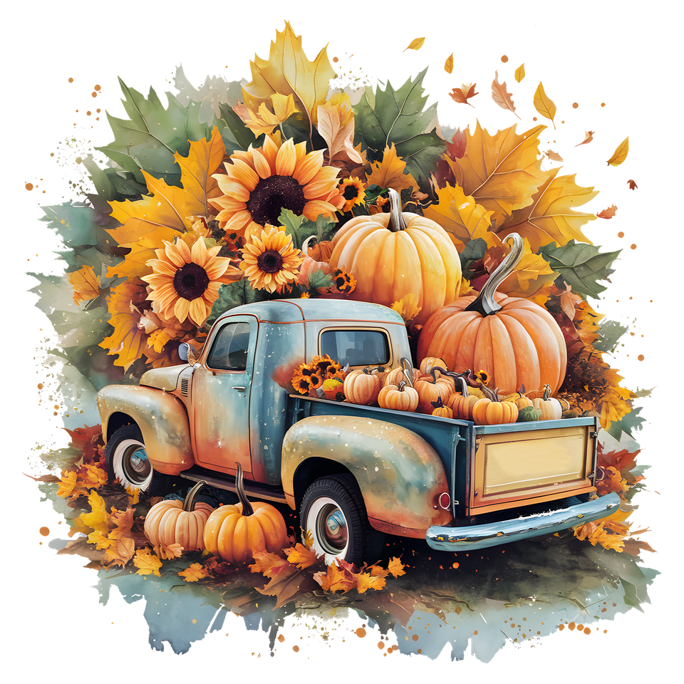 Seasons   fall pickup truck with pumpkins and sunflowers