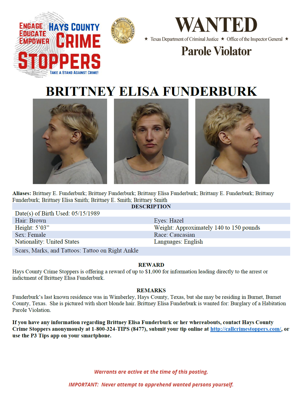 Funderburk wanted poster