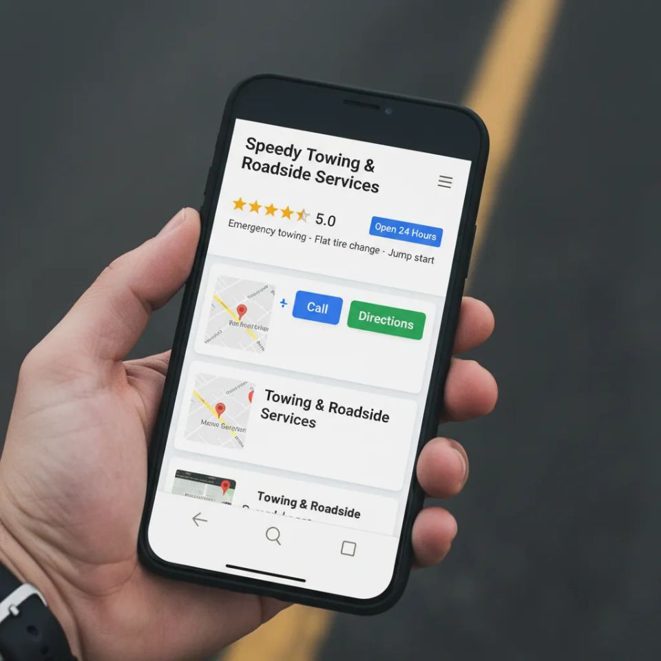 Mobile-friendly towing website interface with prominent call button and location map."