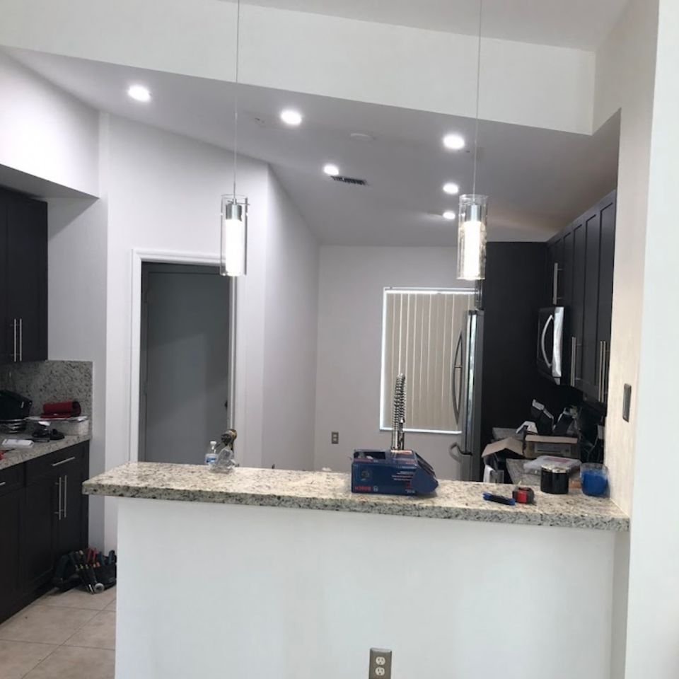Kitchen recessed lights and pendants