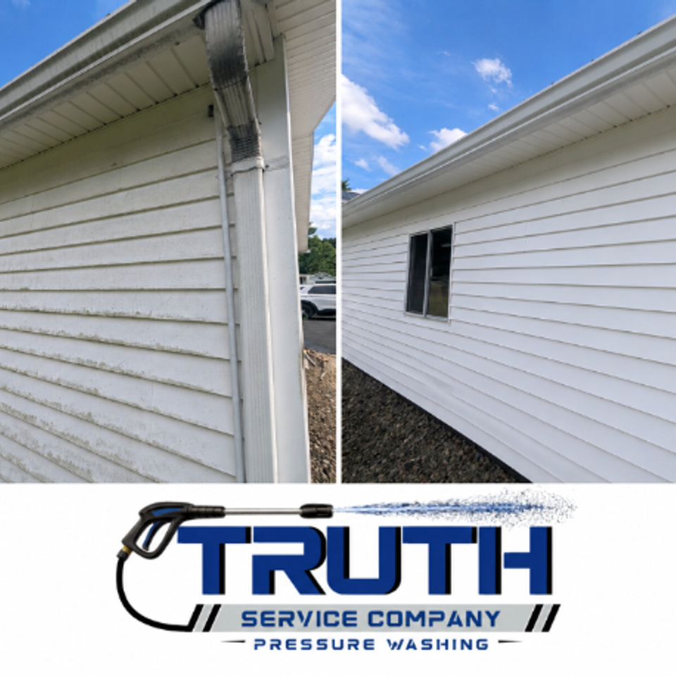 Before and after photos of white house siding with dirt and discoloration removed through pressure washing.