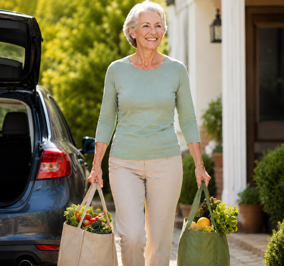Senior woman carrying groceries