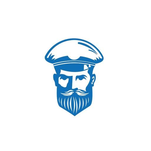 Stylized blue captain’s head with beard and hat in nautical logo design