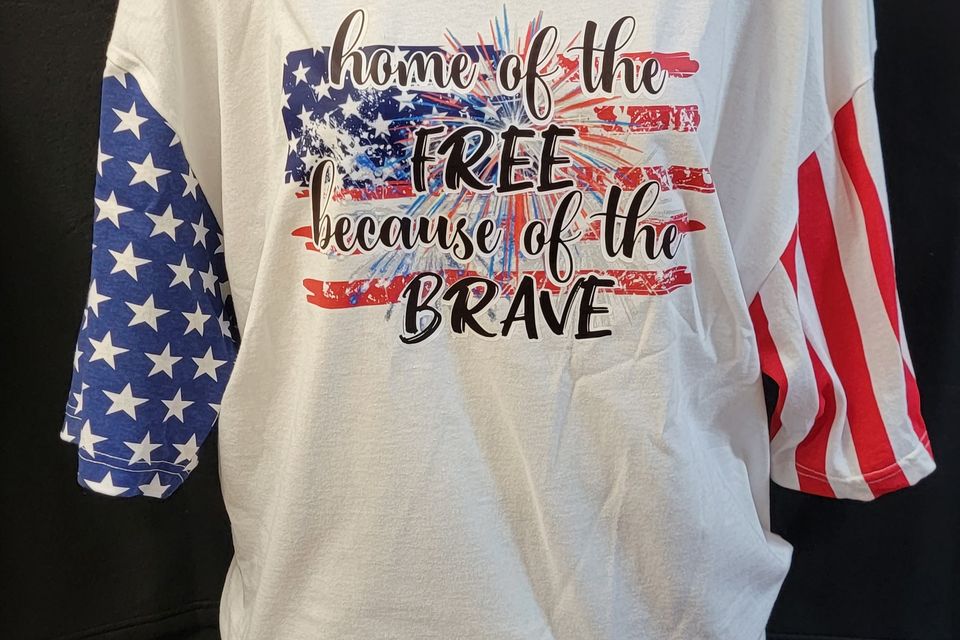 "DTF Direct-to-Film" example - patriotic stars and stripes on white tee